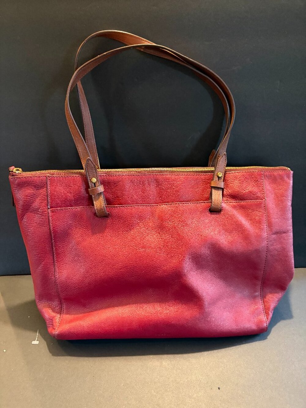Fossil Dark Red Leather Tote Bag with Brown Leather Handles
